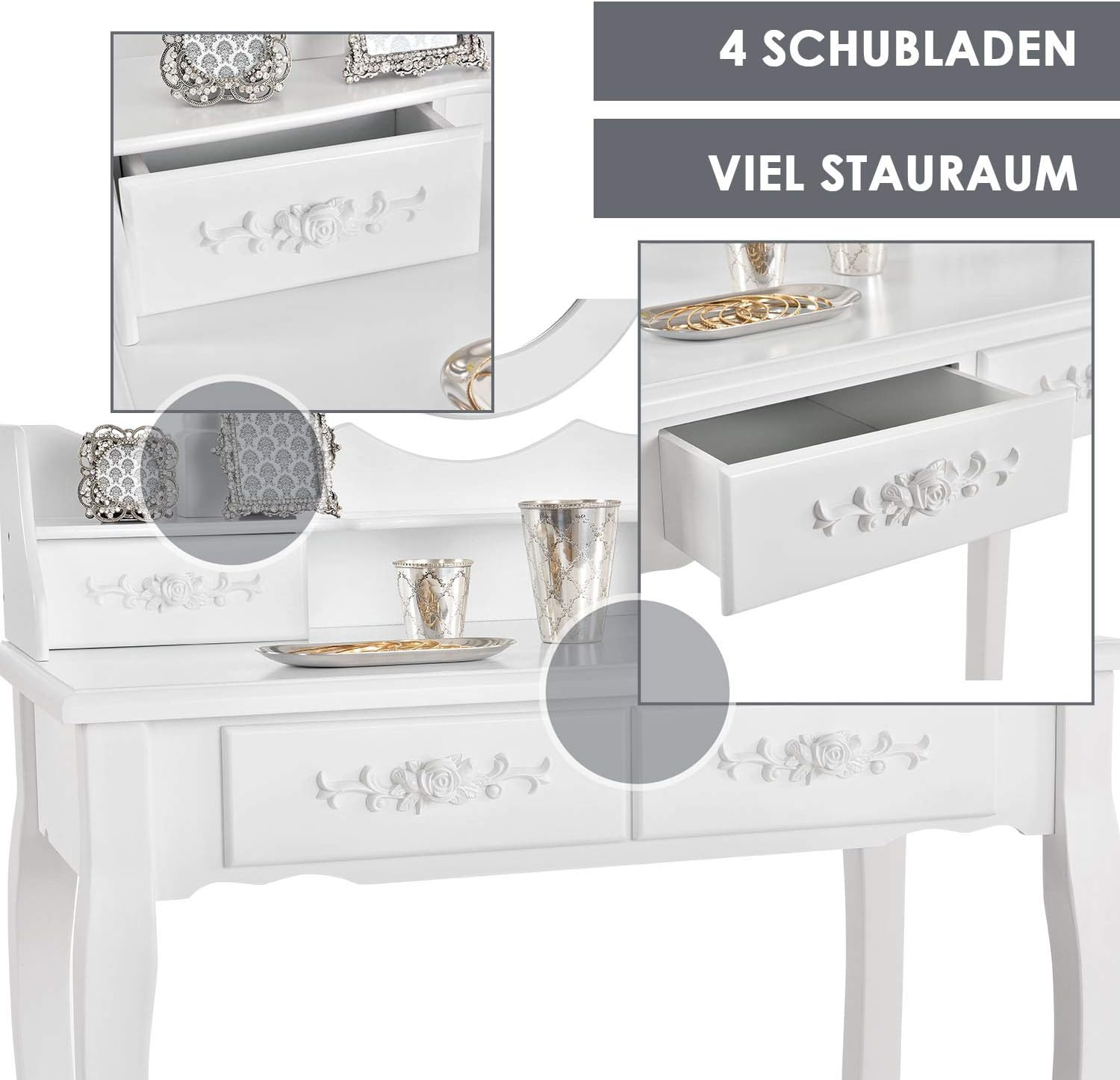 ArtLife Mira Dressing Table with Mirror, Stool and 4 Drawers White Country House Style MDF Wood for Girls Children