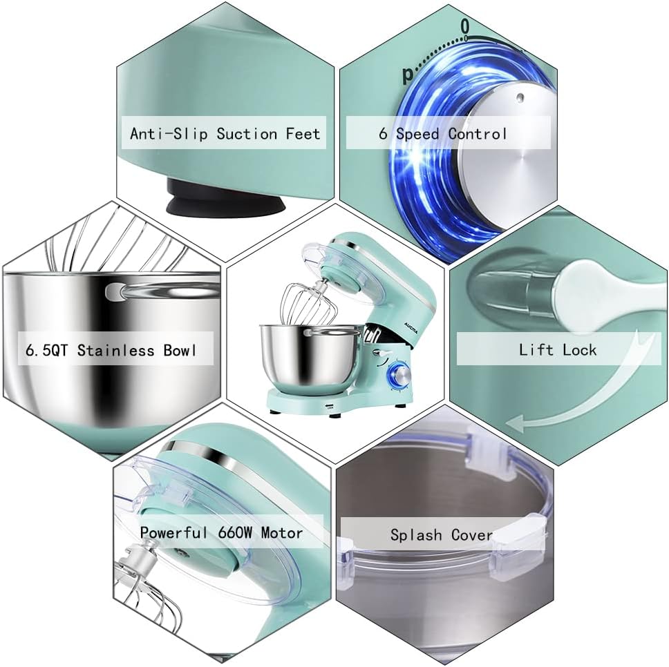 Aucma Stand Mixer,6.5-QT 660W 6-Speed Tilt-Head Food Mixer, Kitchen Electric Mixer with Dough Hook, Wire Whip & Beater (6.5QT, Black)