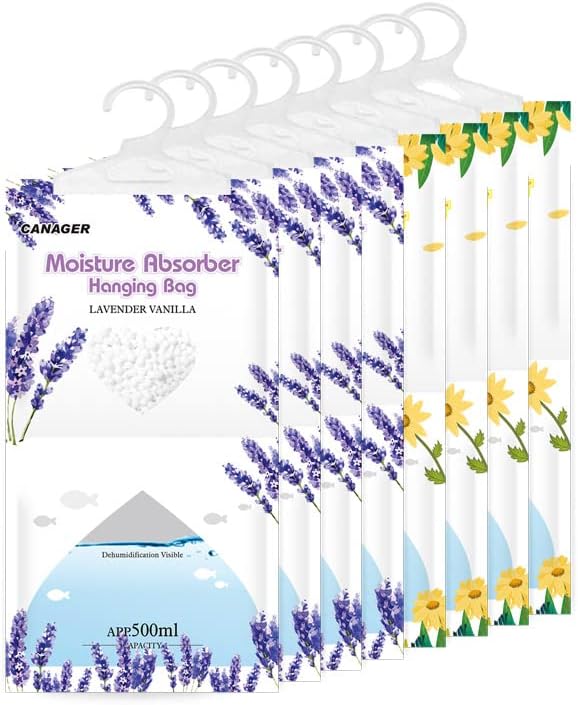 CANAGER Hanging Moisture Absorber, Lavender Vanilla Moistureproof Hanging Bag,Dehumidifier Bag (8 packs) Hanging Closet Dehumidifier Bags, Moisture Absorb 12.5 oz