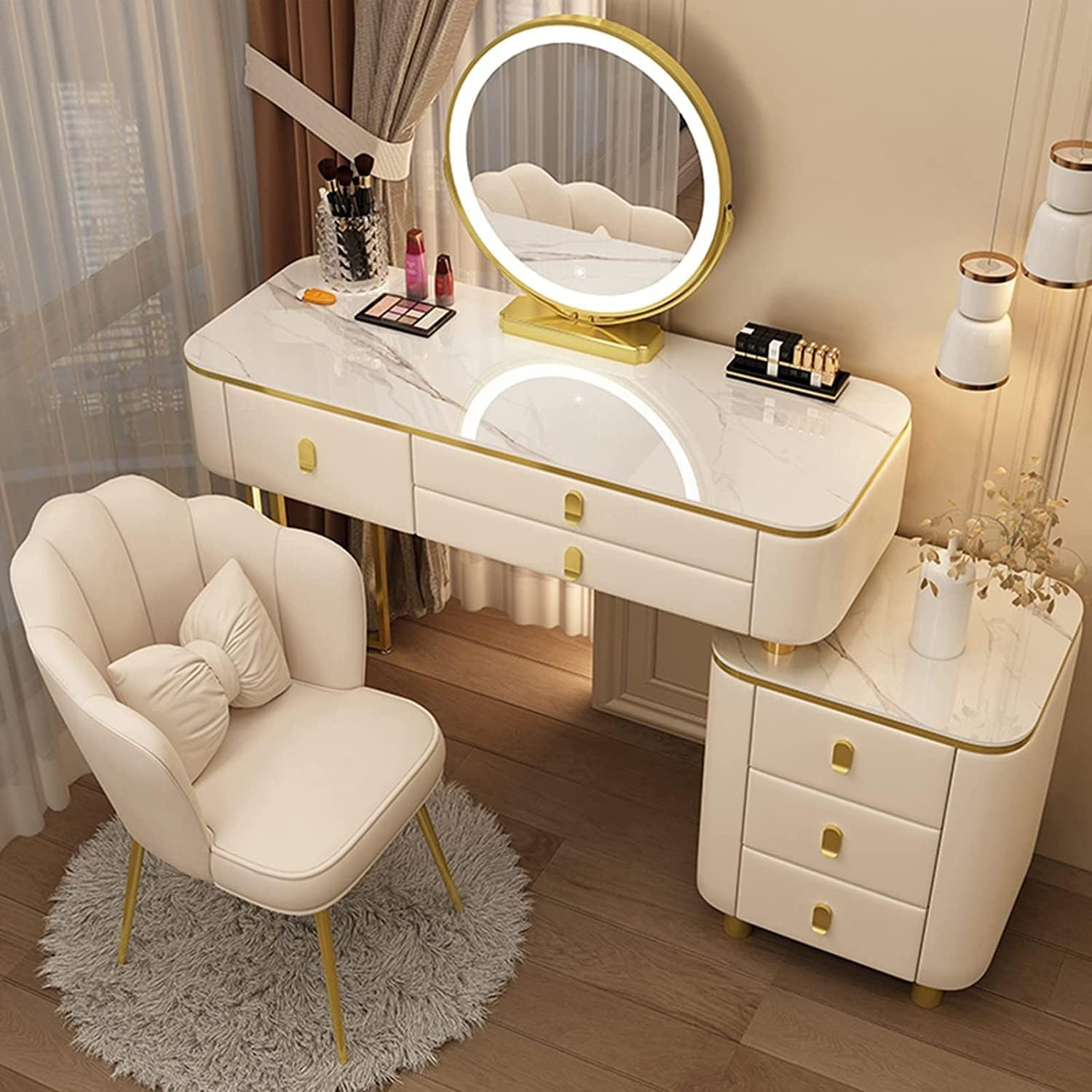 BUJOG Dressing Table with Lighted Mirror, Dressing Table with Padded Stool and 6 Drawers, Dressing Table Set with 3 Colour Lighting Modes, Storage Shelves for Girls and Women Bedrooms