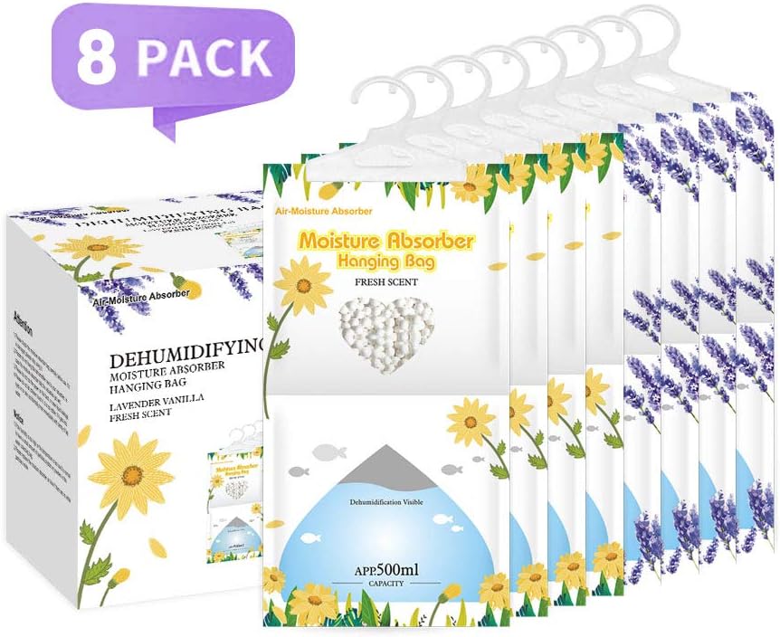 CANAGER Hanging Moisture Absorber, Lavender Vanilla Moistureproof Hanging Bag,Dehumidifier Bag (8 packs) Hanging Closet Dehumidifier Bags, Moisture Absorb 12.5 oz