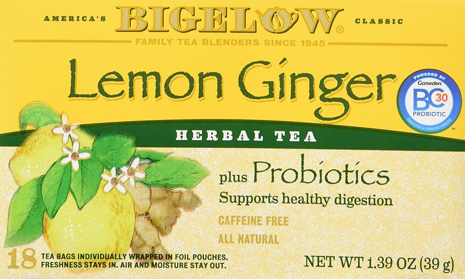 Bigelow Tea Lemon Ginger plus Probiotics Herbal Tea, Caffeine Free Tea with Lemon and Ginger, 18 Count Box (Pack of 6), 108 Total Tea Bags