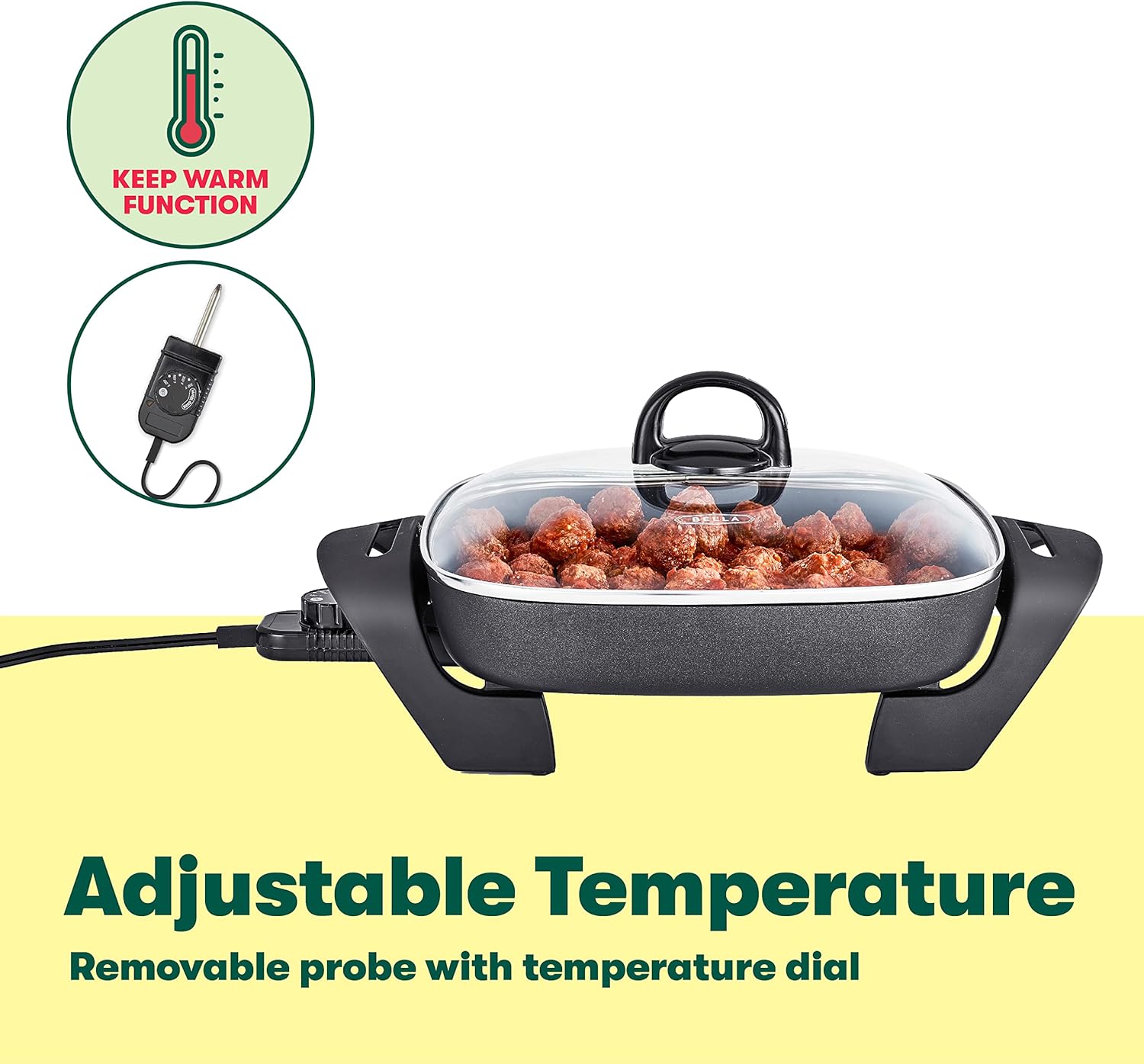 BELLA Electric Skillet and Frying Pan with Glass Lid, Nonstick Coating, Cool Touch Handles, Removable Heating Probe, Dishwasher Safe, 12 x 12 inch, Copper