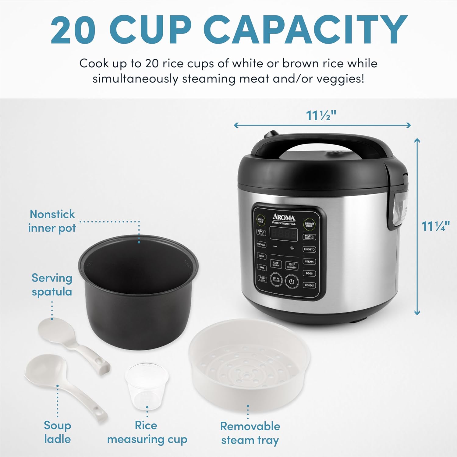 Aroma Housewares 20 Cup Cooked (10 cup uncooked) Digital Rice Cooker, Slow Cooker, Food Steamer, SS Exterior (ARC-150SB),Black