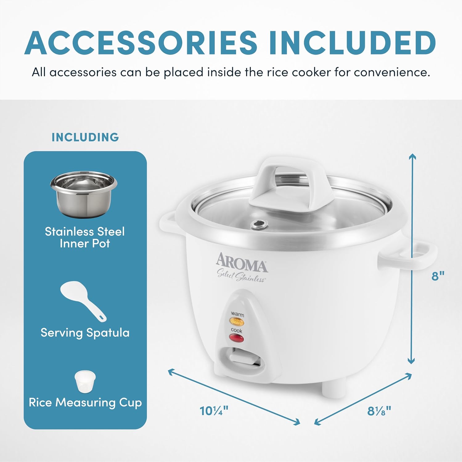 AROMA® 6-Cup(cooked) / 1.3Qt. Select Stainless™ Rice Cooker, Stainless Steel Inner Pot (ARC-753SG)