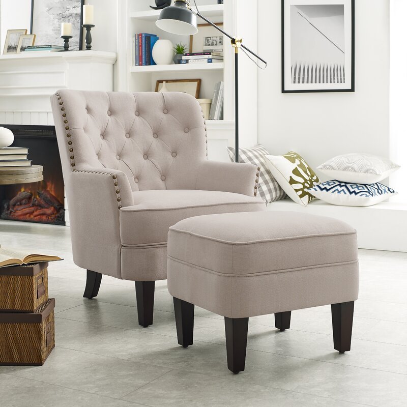 Elroy 32” Wide Tufted Wingback Chair and Ottoman