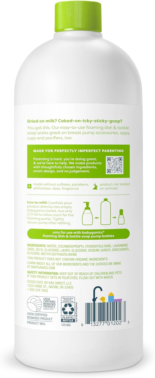 Babyganics Foaming Dish & Bottle Soap, Fragrance Free, Plant-Derived Cleaning Power, Removes Dried Milk, 32 Fl Oz (Pack of 2), Packaging May Vary