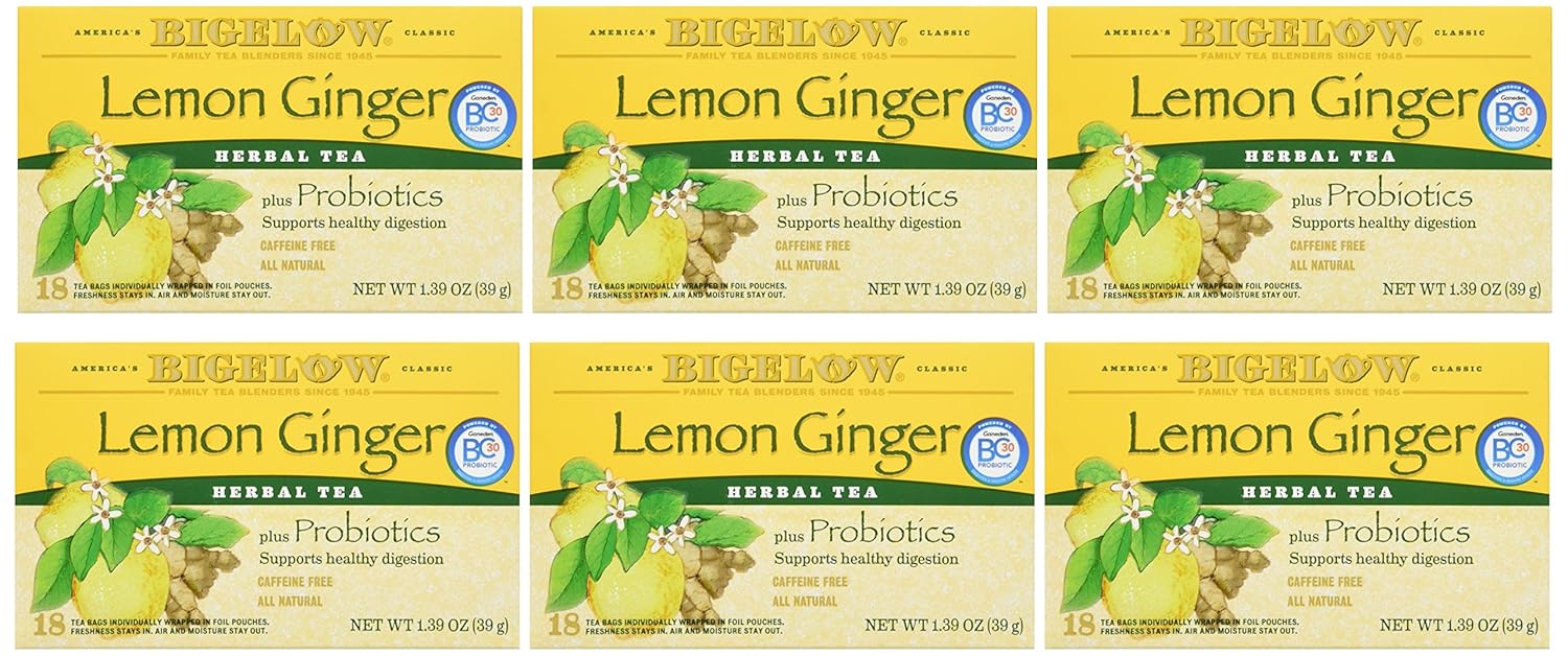 Bigelow Tea Lemon Ginger plus Probiotics Herbal Tea, Caffeine Free Tea with Lemon and Ginger, 18 Count Box (Pack of 6), 108 Total Tea Bags