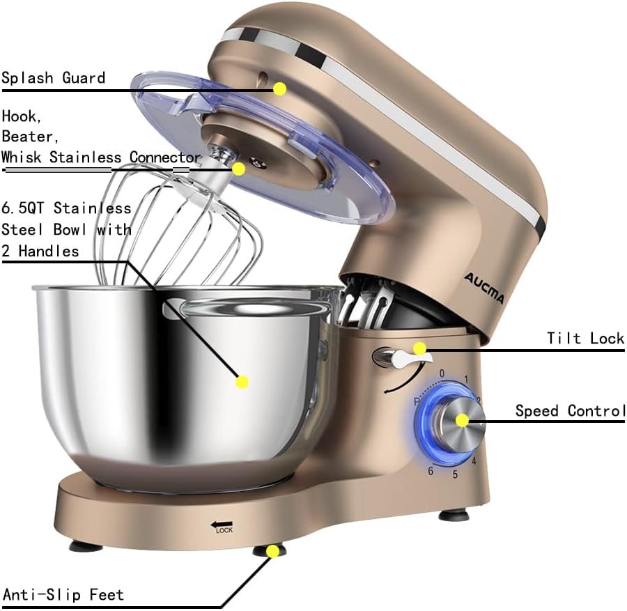 Aucma Stand Mixer,6.5-QT 660W 6-Speed Tilt-Head Food Mixer, Kitchen Electric Mixer with Dough Hook, Wire Whip & Beater (6.5QT, Black)