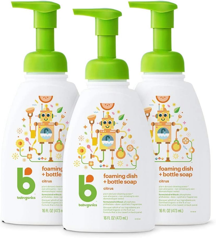 Babyganics Foaming Dish & Bottle Soap, Pump Bottle, Fragrance Free, Plant-Derived Cleaning Power, Removes Dried Milk, 16 Fl Oz, (Pack of 3), Packaging May Vary