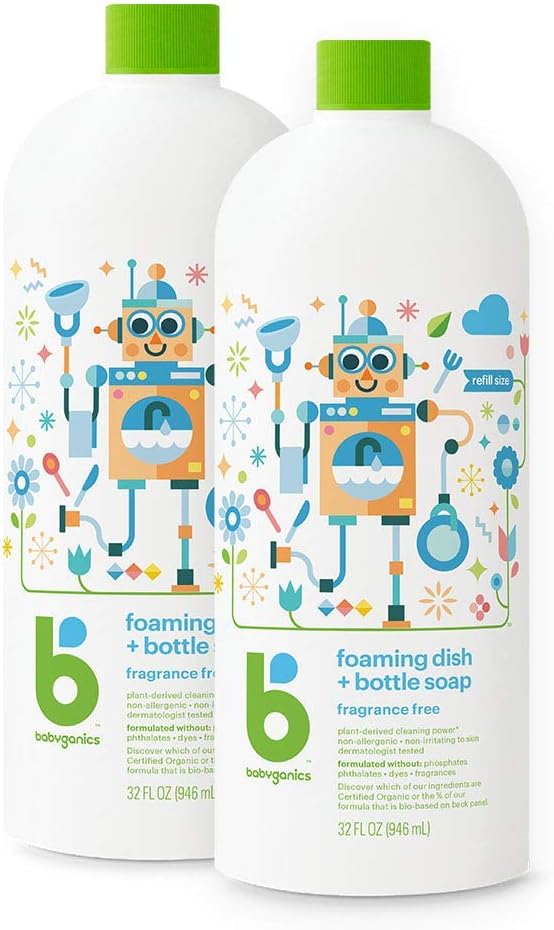 Babyganics Foaming Dish & Bottle Soap, Pump Bottle, Fragrance Free, Plant-Derived Cleaning Power, Removes Dried Milk, 16 Fl Oz, (Pack of 3), Packaging May Vary