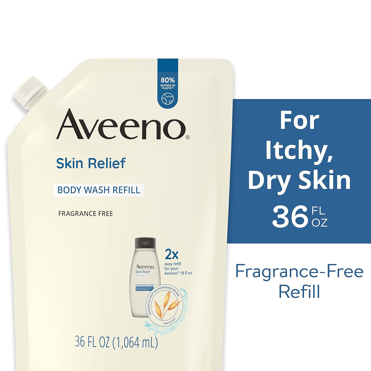Aveeno Skin Relief Body Wash with Triple Oat Formula Soothes Itchy and Dry Skin, Fragrance Free Body Wash for Sensitive Skin, 33 FL OZ