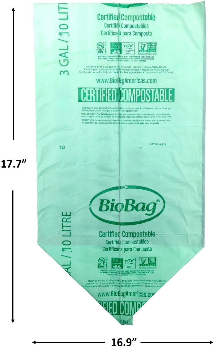 BioBag (USA), The Original Compostable Bag, 2.6 Gallon, 100 Total Count, 100% Certified Compostable Kitchen Food Scrap Bags, Kitchen Compost Bin Compatible