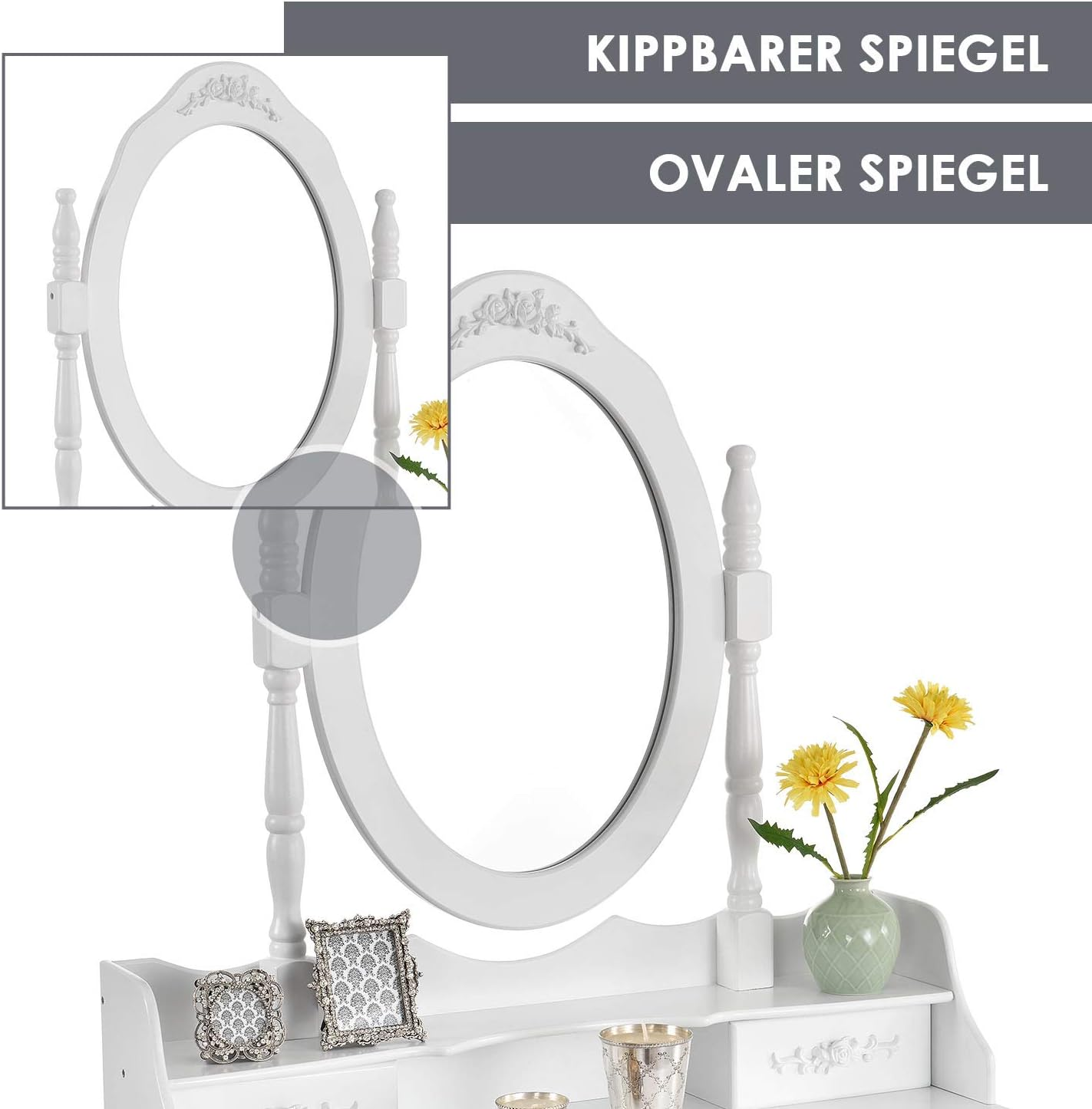 ArtLife Mira Dressing Table with Mirror, Stool and 4 Drawers White Country House Style MDF Wood for Girls Children