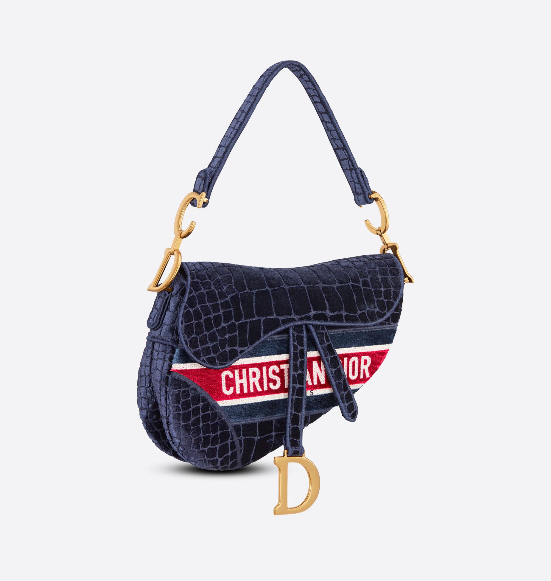 Saddle Bag Blue Crocodile-Effect Embroidered Velvet