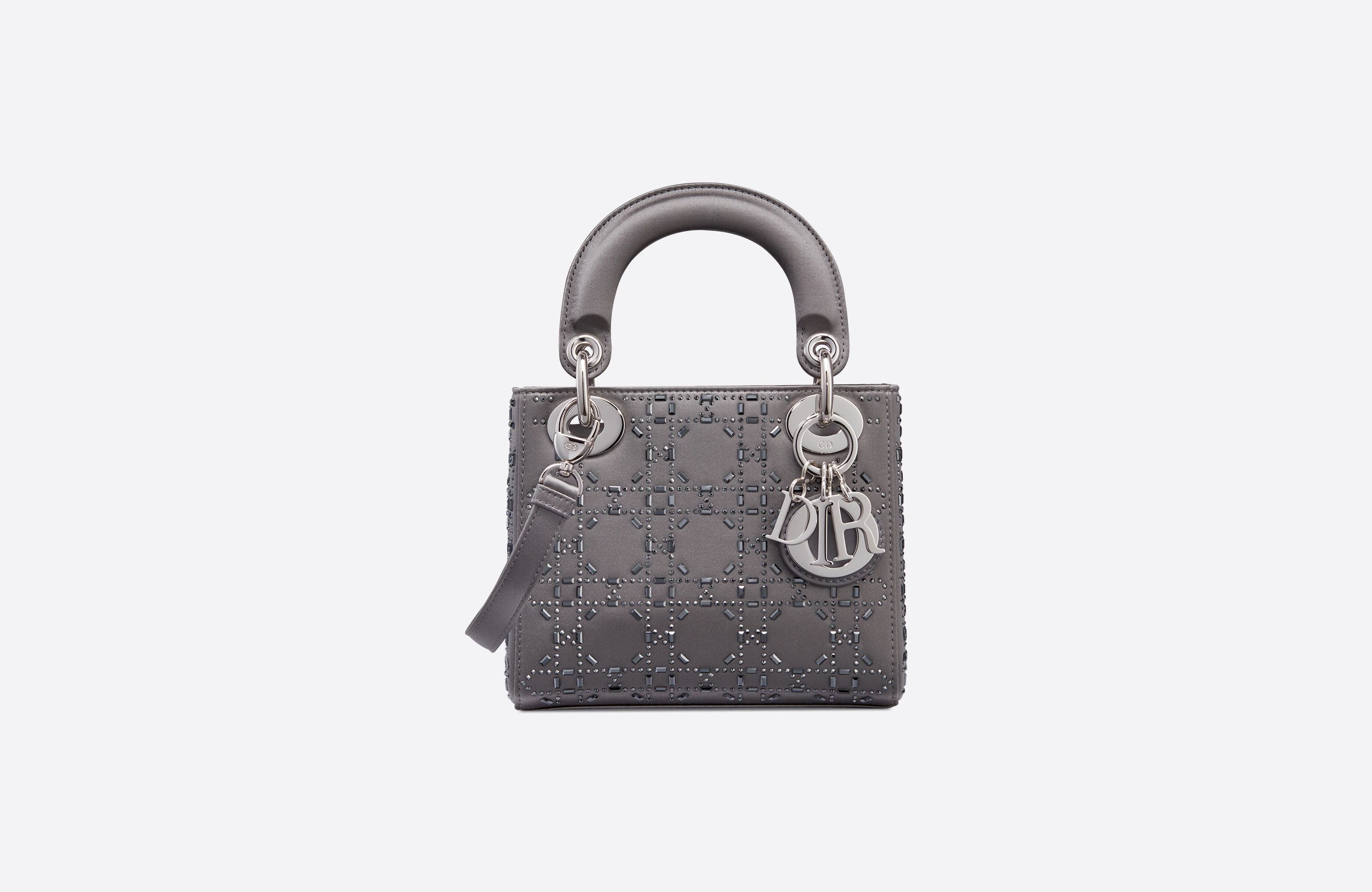 Mini Lady Dior Bag Gray Strass Cannage Satin
