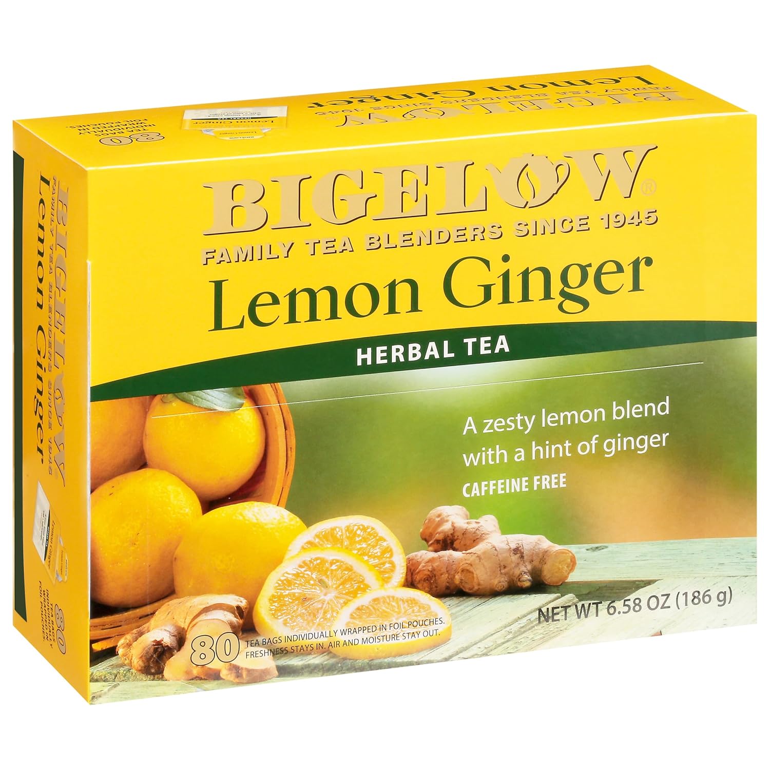 Bigelow Tea Lemon Ginger plus Probiotics Herbal Tea, Caffeine Free Tea with Lemon and Ginger, 18 Count Box (Pack of 6), 108 Total Tea Bags