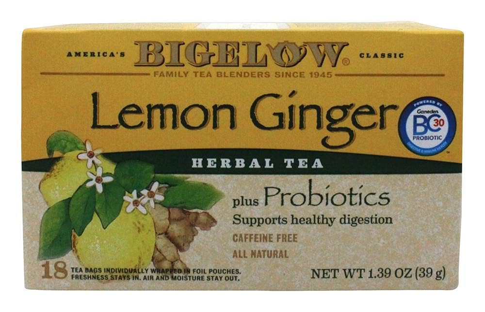 Bigelow Tea Lemon Ginger plus Probiotics Herbal Tea, Caffeine Free Tea with Lemon and Ginger, 18 Count Box (Pack of 6), 108 Total Tea Bags