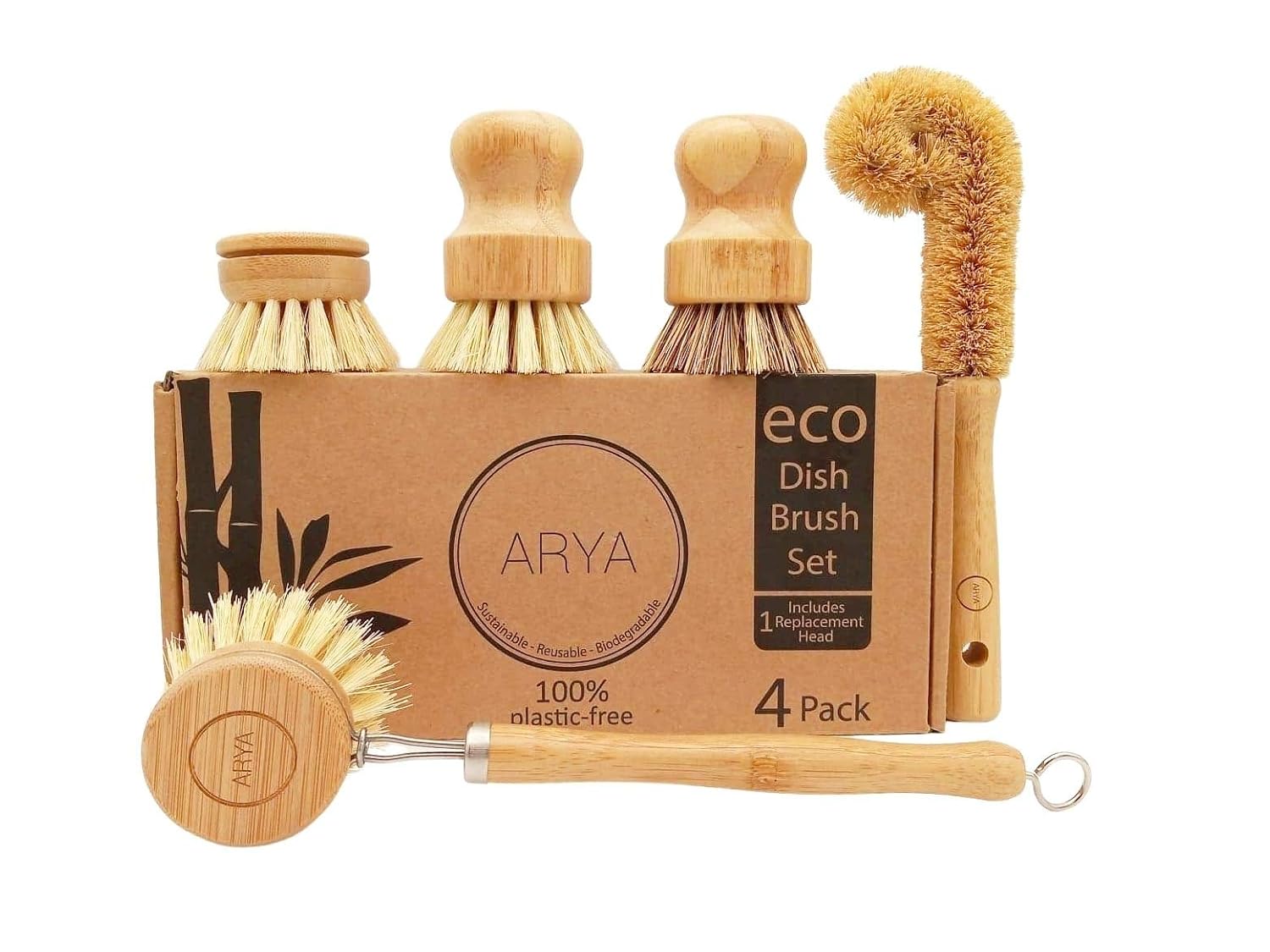 ARYA. Wooden Dish Brush Set | 4 Kitchen Washing Up Brushes & One Replacement Head | Bamboo & Natural Fibers | Eco Friendly Wooden Pot Brush Scourer Scrubber Sponge Alternative
