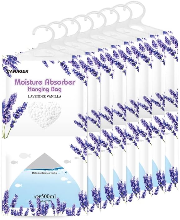 CANAGER Hanging Moisture Absorber, Lavender Vanilla Moistureproof Hanging Bag,Dehumidifier Bag (8 packs) Hanging Closet Dehumidifier Bags, Moisture Absorb 12.5 oz