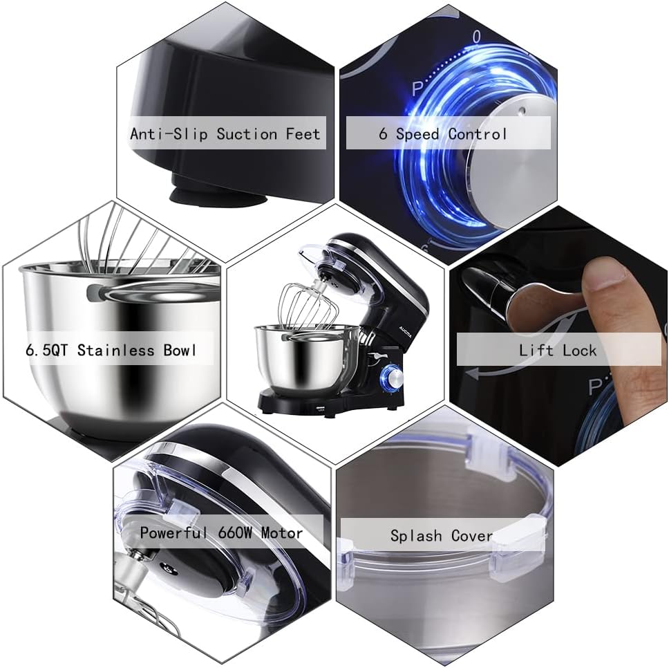Aucma Stand Mixer,6.5-QT 660W 6-Speed Tilt-Head Food Mixer, Kitchen Electric Mixer with Dough Hook, Wire Whip & Beater (6.5QT, Black)