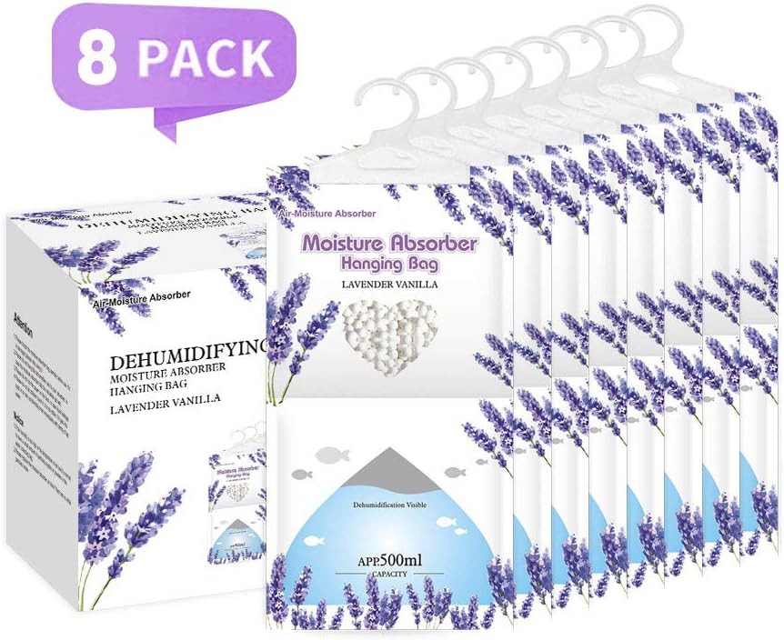 CANAGER Hanging Moisture Absorber, Lavender Vanilla Moistureproof Hanging Bag,Dehumidifier Bag (8 packs) Hanging Closet Dehumidifier Bags, Moisture Absorb 12.5 oz