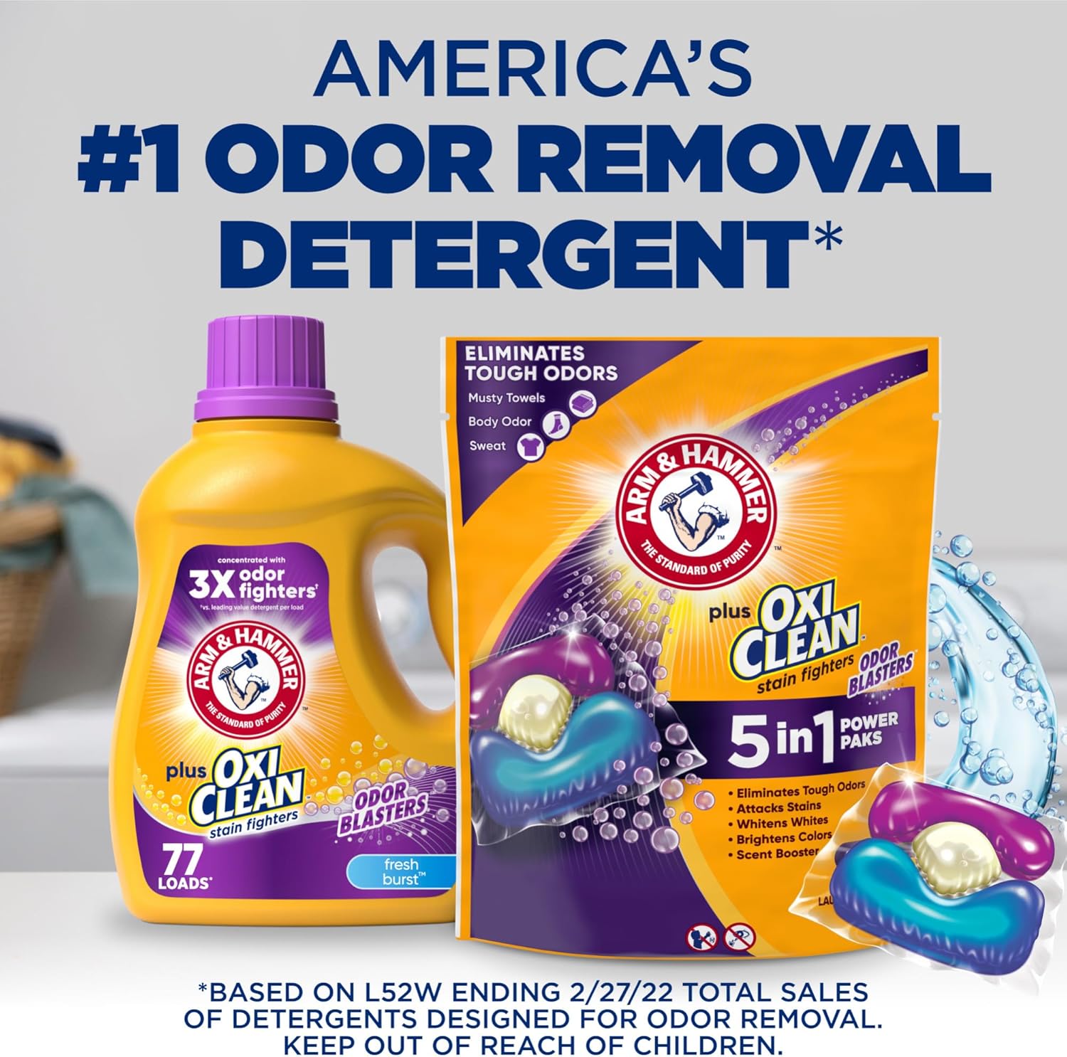 ARM & HAMMER Plus OxiClean with Odor Blasters Concentrated Laundry Detergent, 5-in-1 Laundry Stain Remover, Fresh Burst Detergent Power Paks, 42 Count Bag