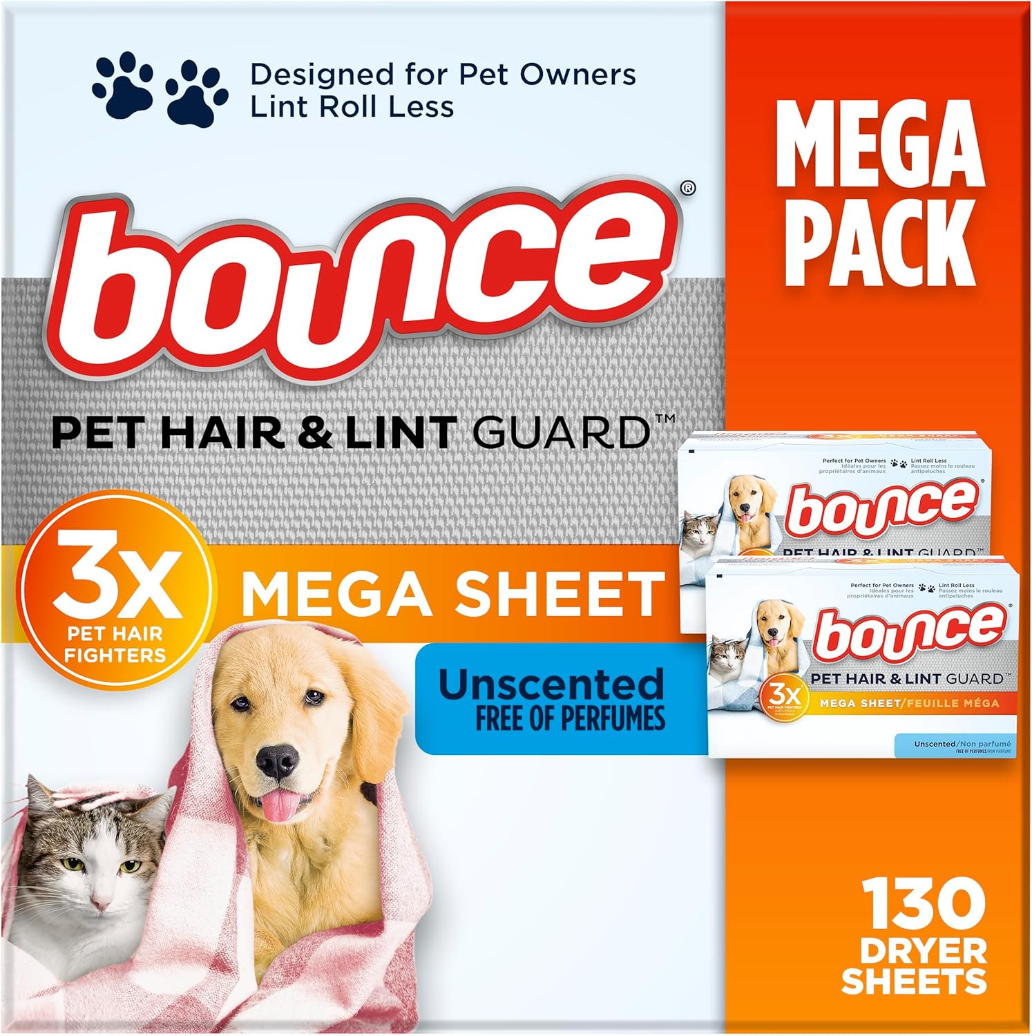 Bounce Pet Hair and Lint Guard Mega Dryer Sheets with 3X Pet Hair Fighters, Unscented, 130 Count