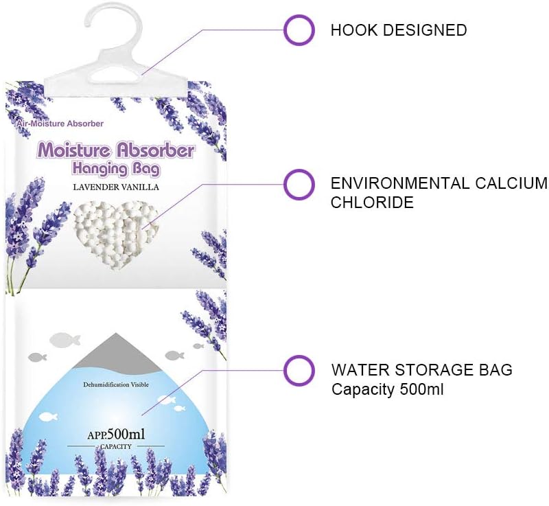 CANAGER Hanging Moisture Absorber, Lavender Vanilla Moistureproof Hanging Bag,Dehumidifier Bag (8 packs) Hanging Closet Dehumidifier Bags, Moisture Absorb 12.5 oz