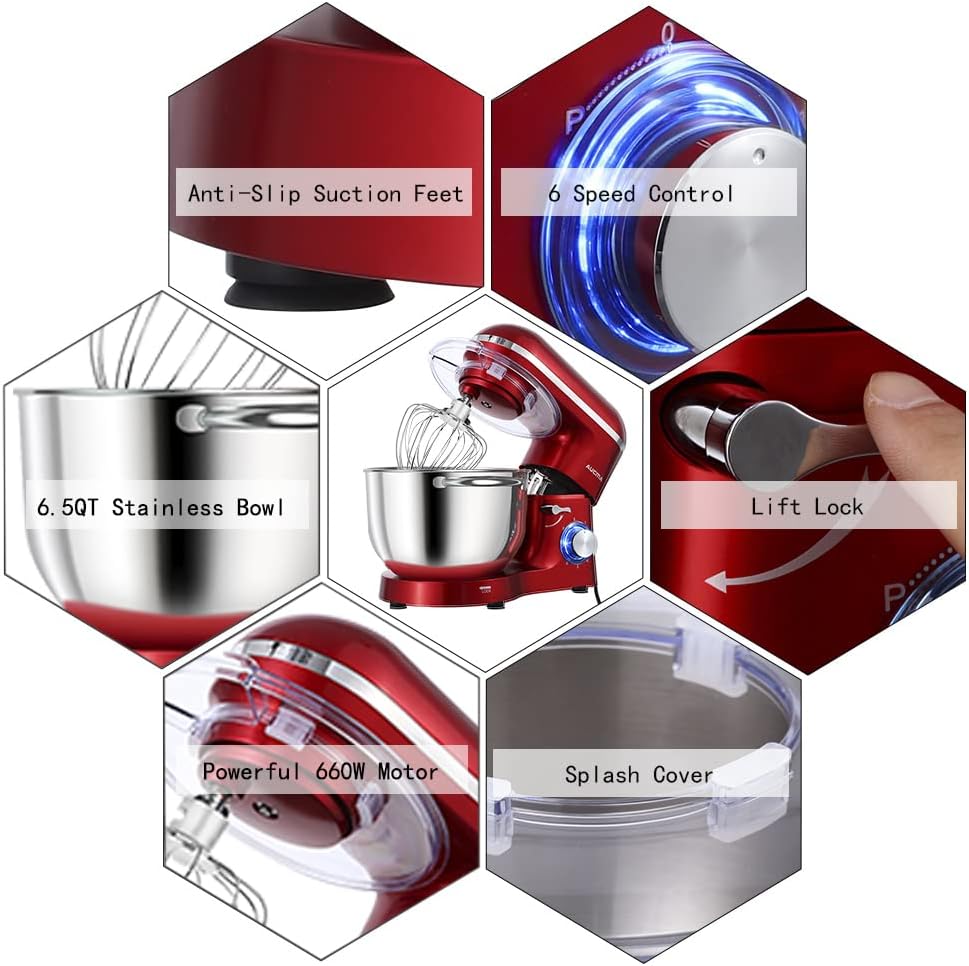 Aucma Stand Mixer,6.5-QT 660W 6-Speed Tilt-Head Food Mixer, Kitchen Electric Mixer with Dough Hook, Wire Whip & Beater (6.5QT, Black)