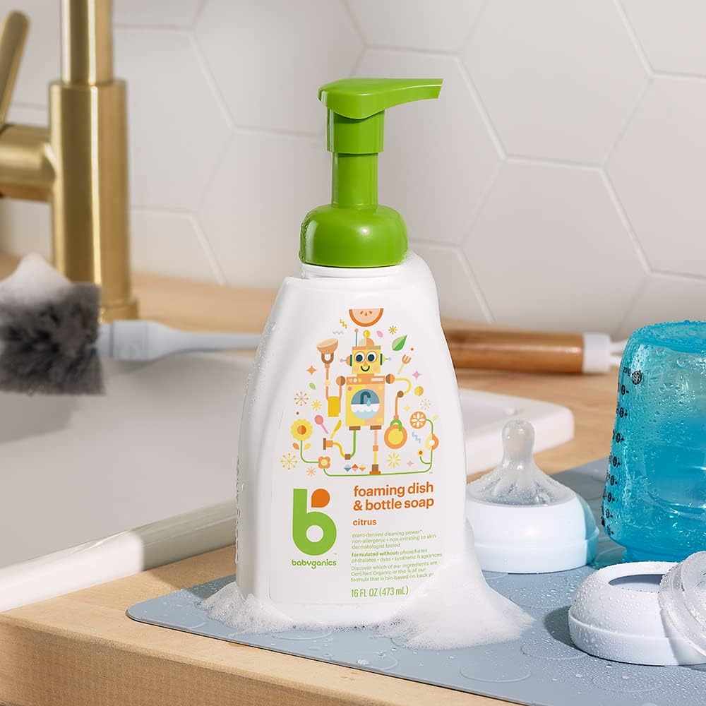Babyganics Foaming Dish & Bottle Soap, Pump Bottle, Fragrance Free, Plant-Derived Cleaning Power, Removes Dried Milk, 16 Fl Oz, (Pack of 3), Packaging May Vary