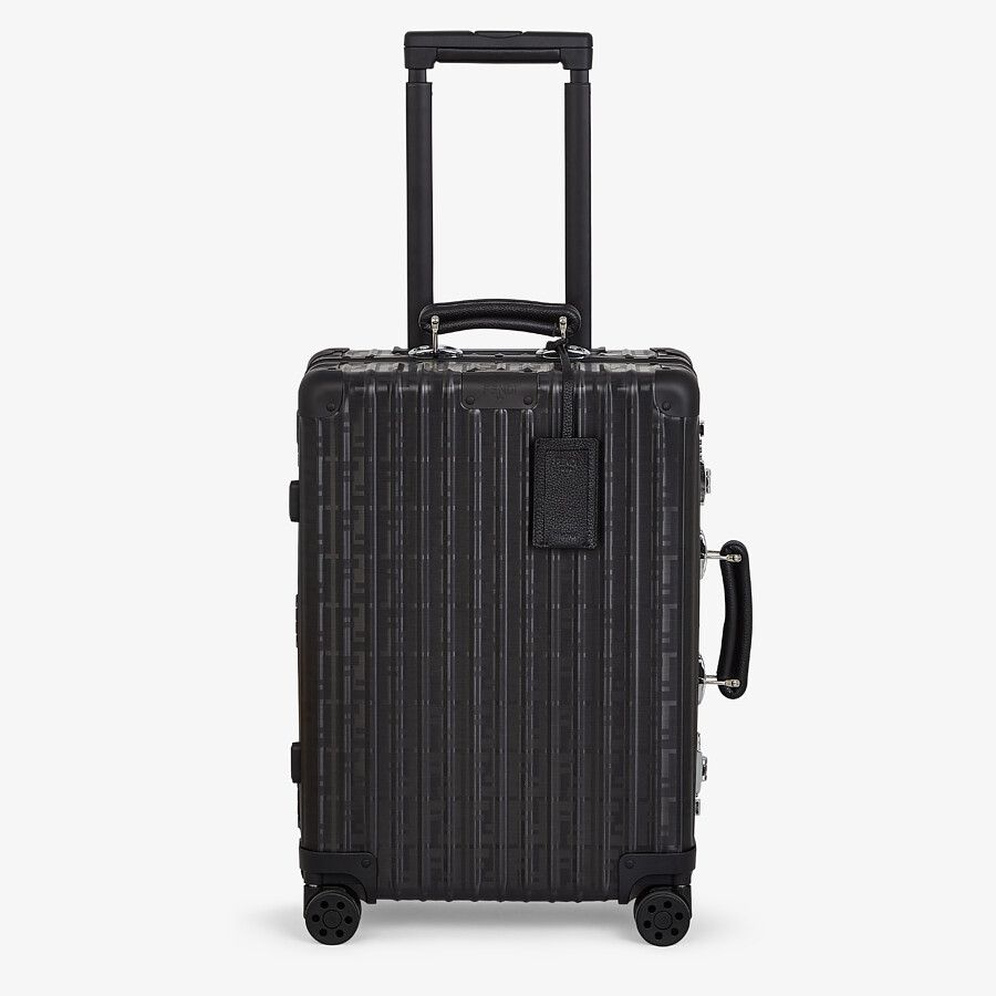 CABIN SIZE TROLLEY Black aluminum trolley case with leather details