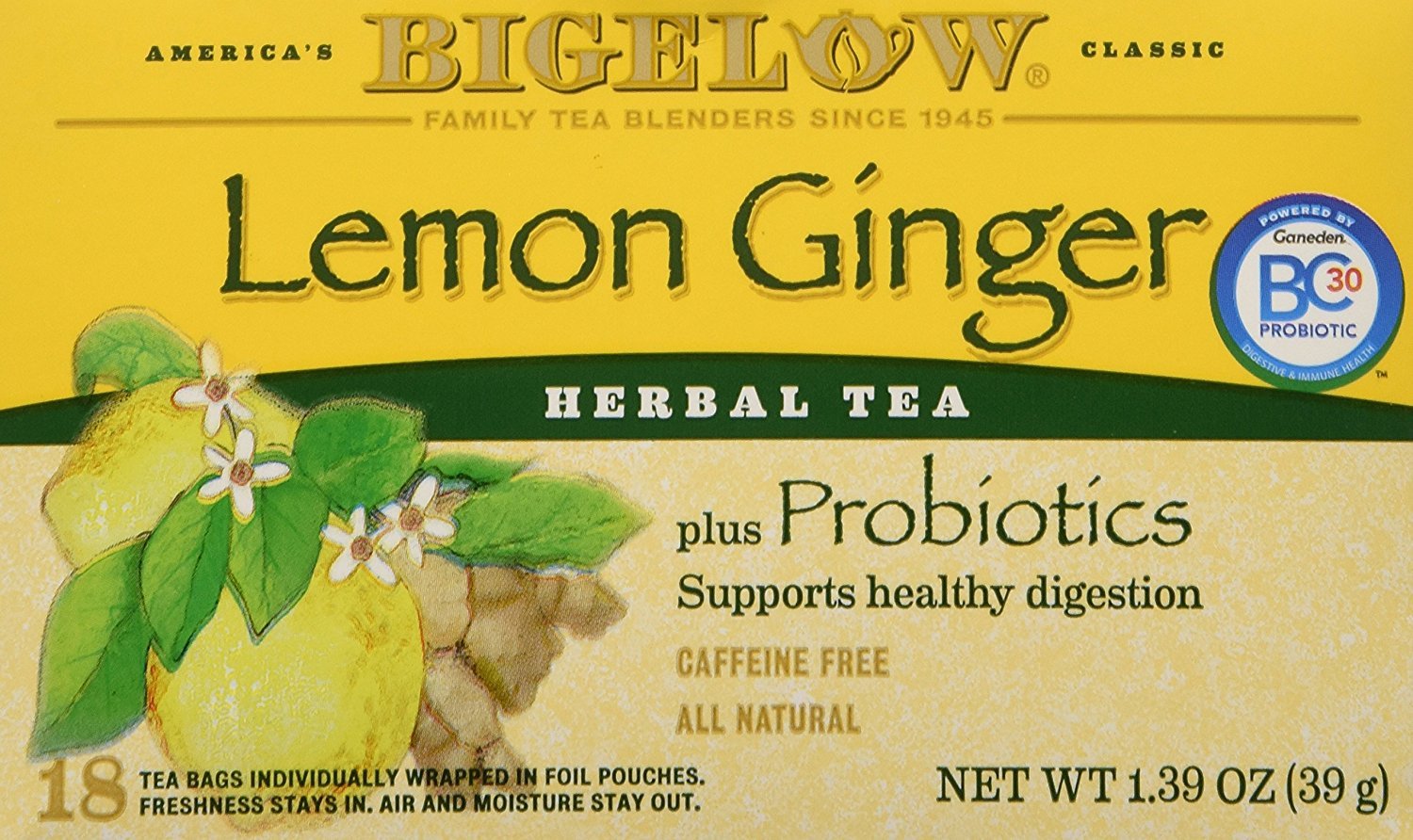 Bigelow Tea Lemon Ginger plus Probiotics Herbal Tea, Caffeine Free Tea with Lemon and Ginger, 18 Count Box (Pack of 6), 108 Total Tea Bags