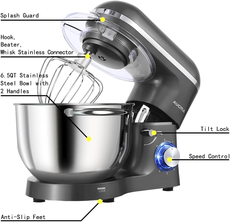 Aucma Stand Mixer,6.5-QT 660W 6-Speed Tilt-Head Food Mixer, Kitchen Electric Mixer with Dough Hook, Wire Whip & Beater (6.5QT, Black)