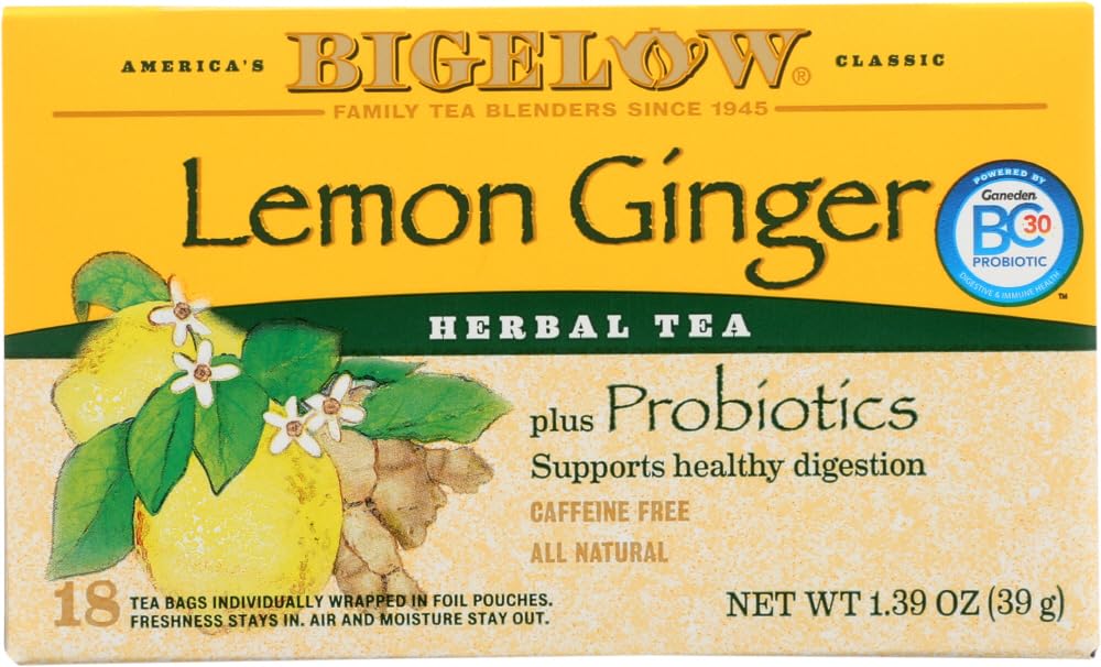 Bigelow Tea Lemon Ginger plus Probiotics Herbal Tea, Caffeine Free Tea with Lemon and Ginger, 18 Count Box (Pack of 6), 108 Total Tea Bags