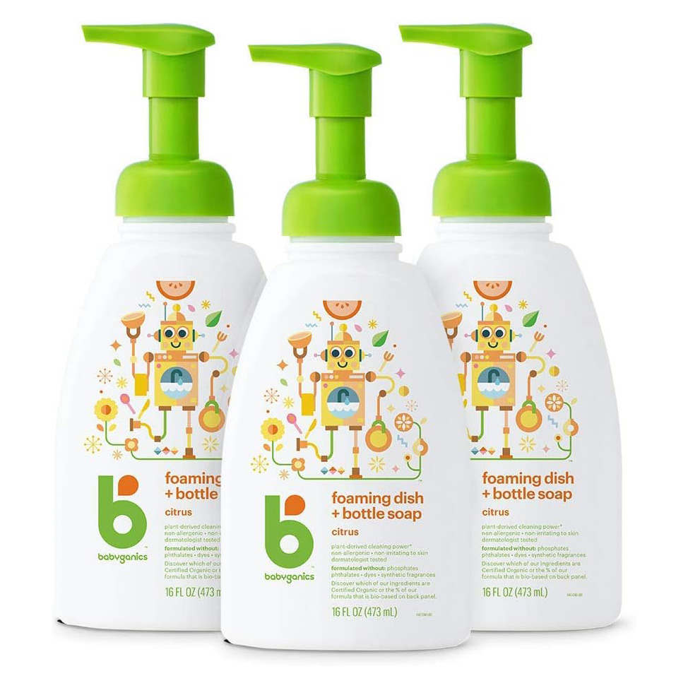 Babyganics Foaming Dish & Bottle Soap, Pump Bottle, Fragrance Free, Plant-Derived Cleaning Power, Removes Dried Milk, 16 Fl Oz, (Pack of 3), Packaging May Vary