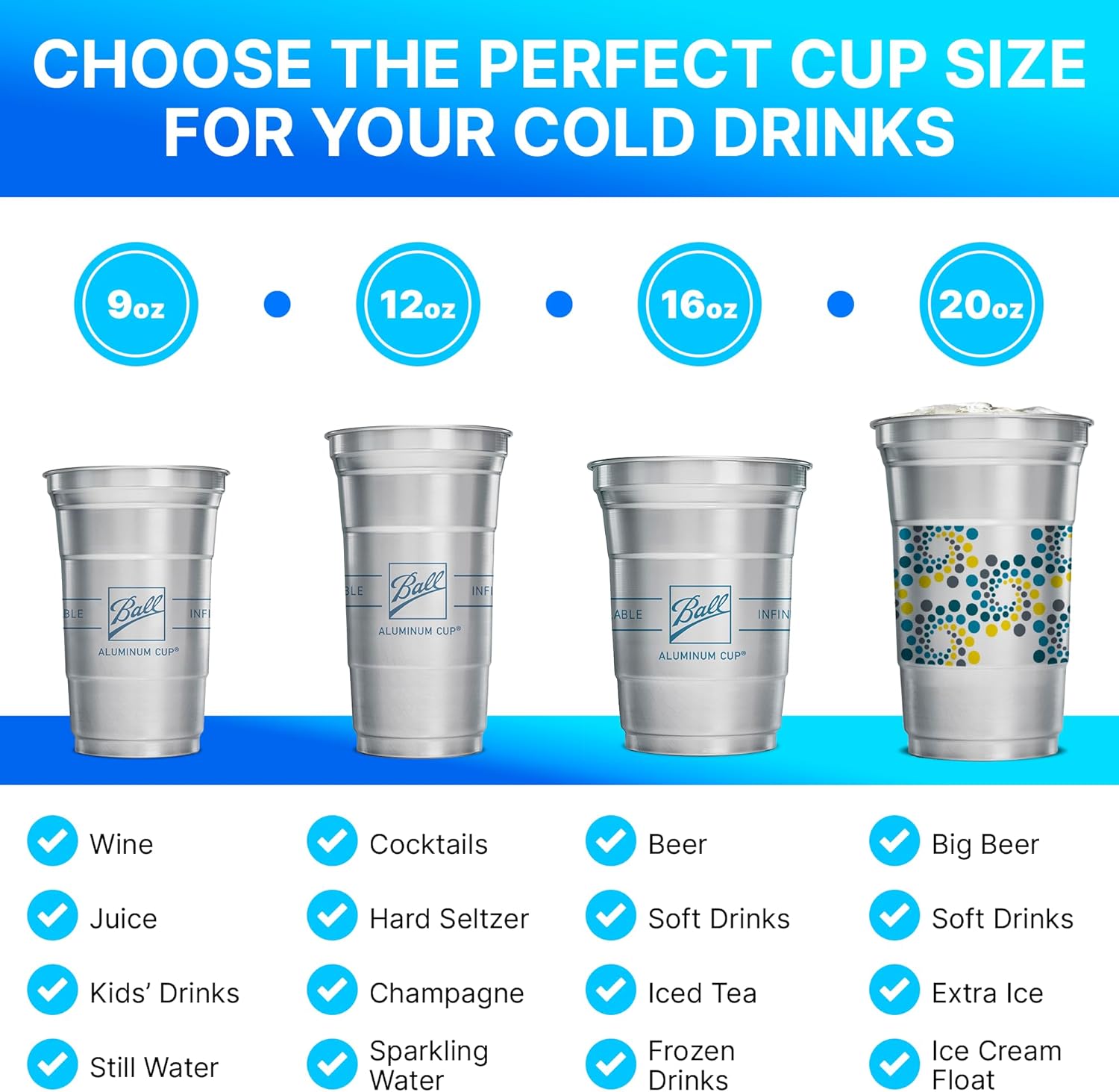 Ball Aluminum Cup Recyclable Party Cups, 20 oz. Cup, 30 Cups Per Pack
