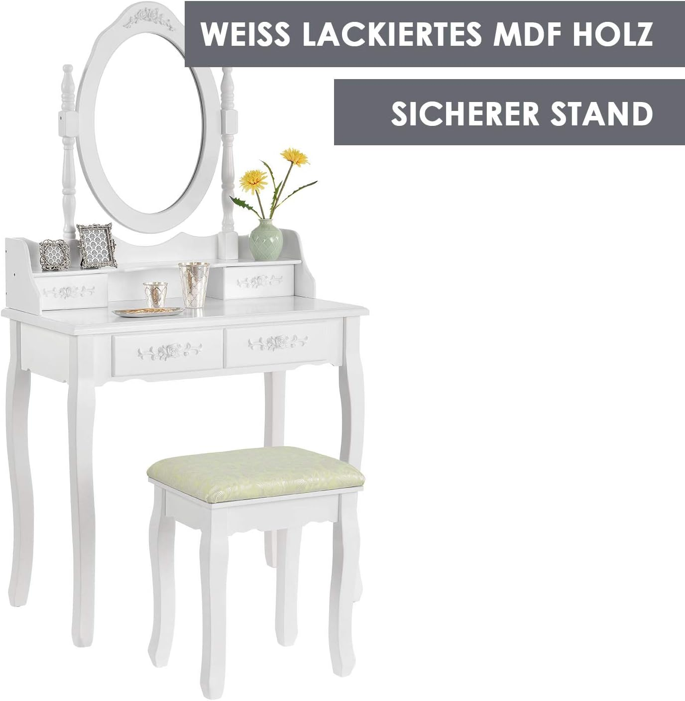 ArtLife Mira Dressing Table with Mirror, Stool and 4 Drawers White Country House Style MDF Wood for Girls Children