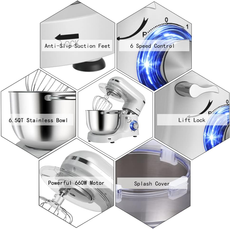 Aucma Stand Mixer,6.5-QT 660W 6-Speed Tilt-Head Food Mixer, Kitchen Electric Mixer with Dough Hook, Wire Whip & Beater (6.5QT, Black)