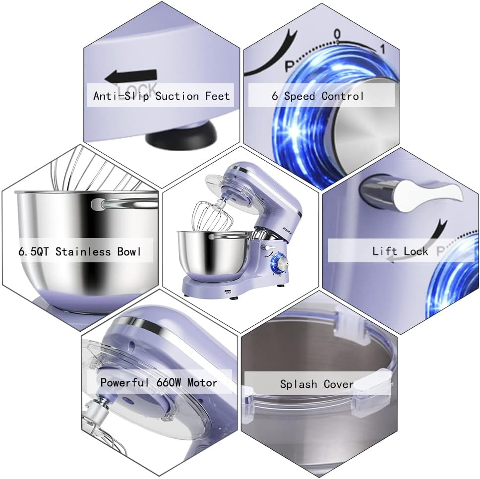 Aucma Stand Mixer,6.5-QT 660W 6-Speed Tilt-Head Food Mixer, Kitchen Electric Mixer with Dough Hook, Wire Whip & Beater (6.5QT, Black)