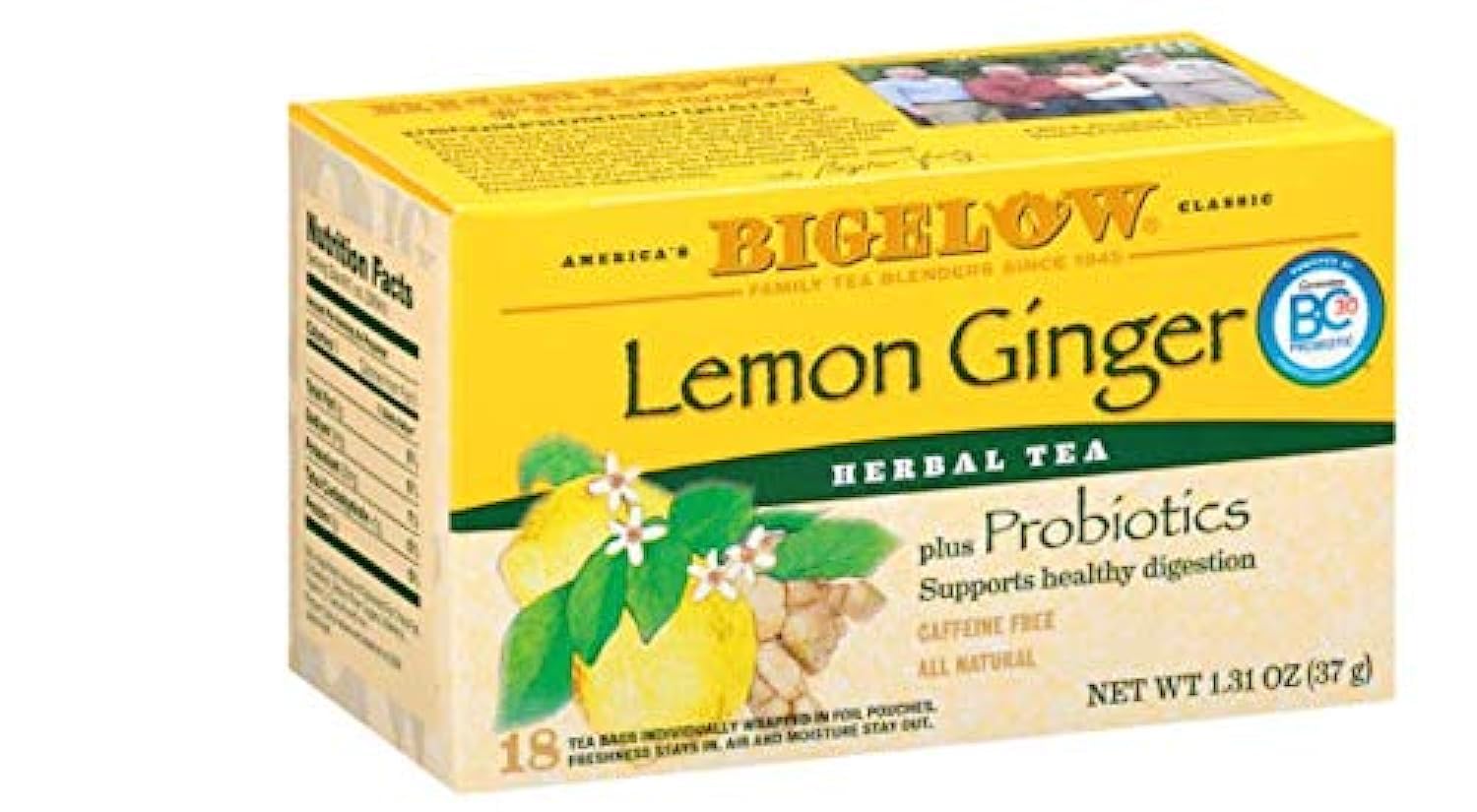 Bigelow Tea Lemon Ginger plus Probiotics Herbal Tea, Caffeine Free Tea with Lemon and Ginger, 18 Count Box (Pack of 6), 108 Total Tea Bags