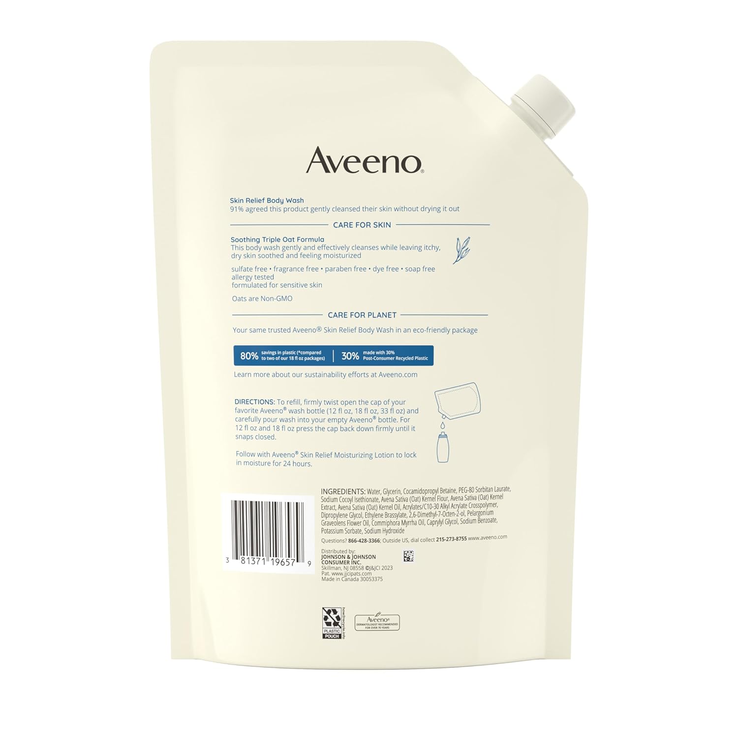 Aveeno Skin Relief Body Wash with Triple Oat Formula Soothes Itchy and Dry Skin, Fragrance Free Body Wash for Sensitive Skin, 33 FL OZ
