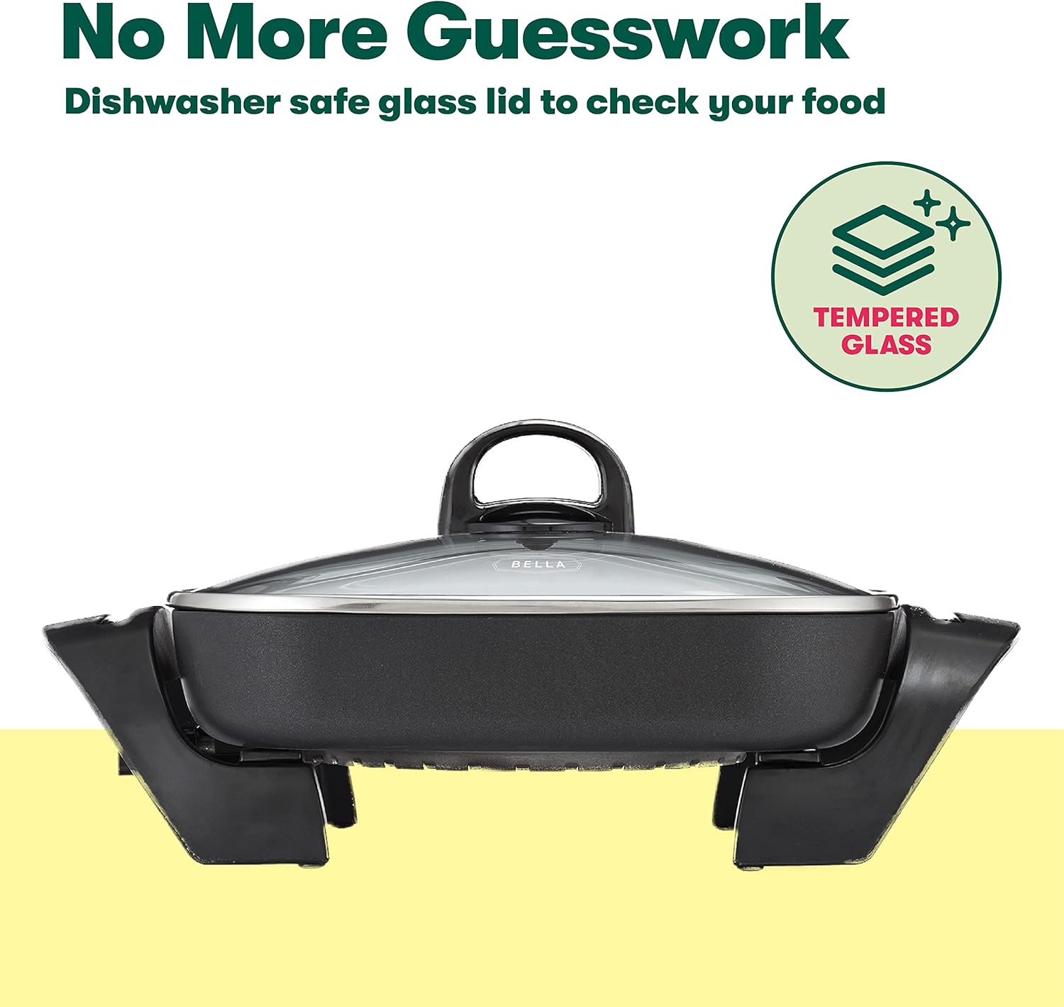 BELLA Electric Skillet and Frying Pan with Glass Lid, Nonstick Coating, Cool Touch Handles, Removable Heating Probe, Dishwasher Safe, 12 x 12 inch, Copper