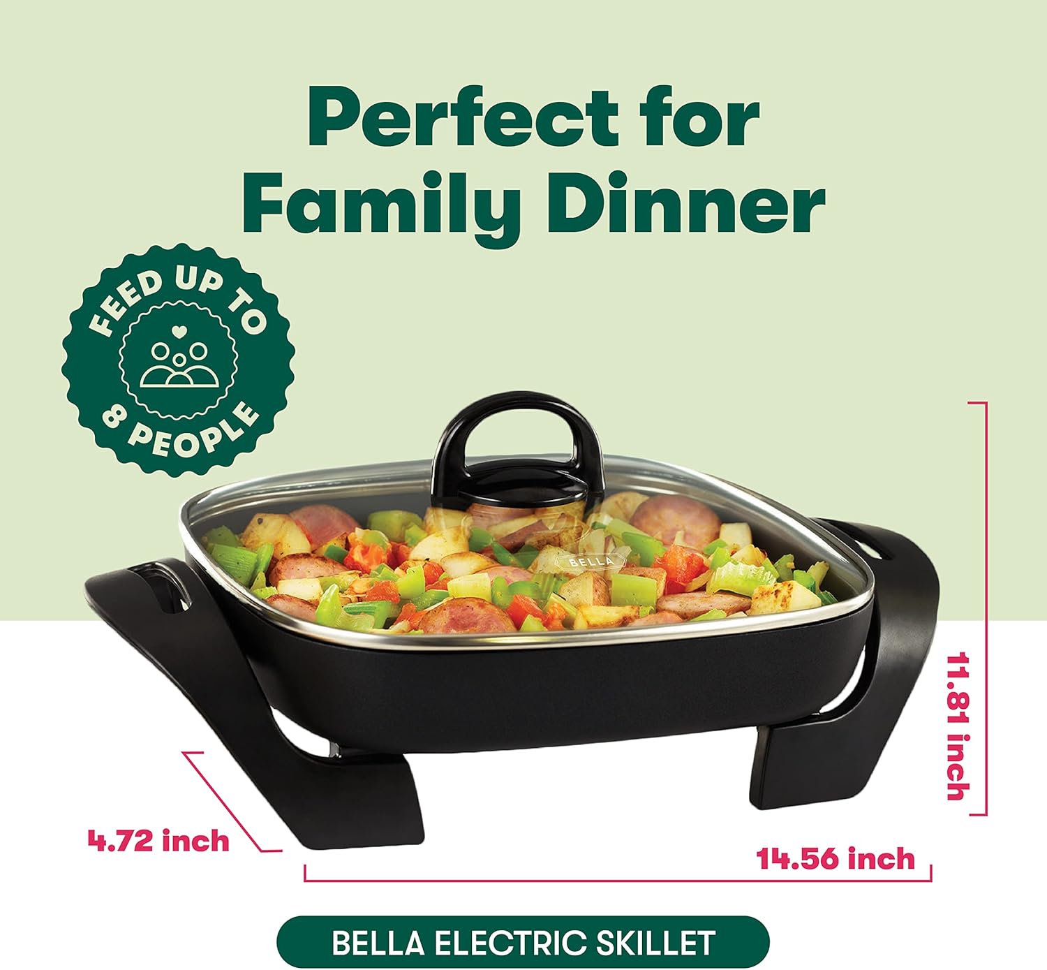 BELLA Electric Skillet and Frying Pan with Glass Lid, Nonstick Coating, Cool Touch Handles, Removable Heating Probe, Dishwasher Safe, 12 x 12 inch, Copper