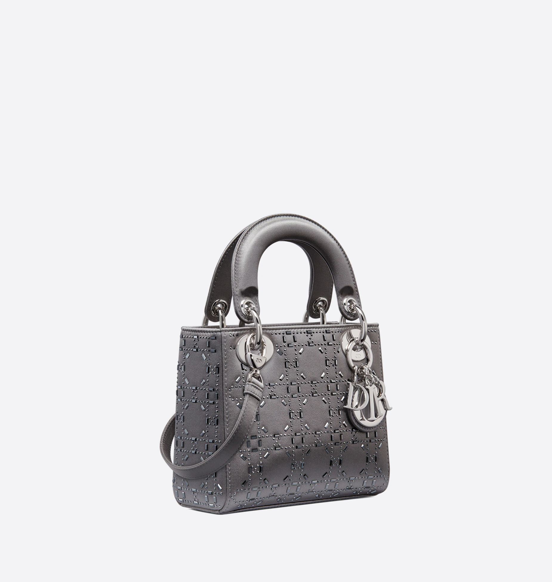 Mini Lady Dior Bag Gray Strass Cannage Satin