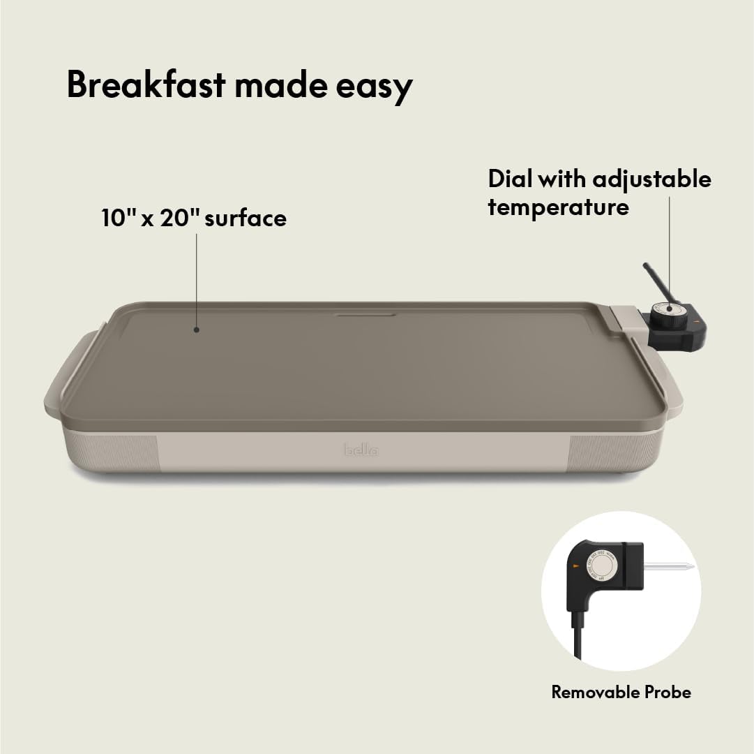 BELLA Electric Ceramic Titanium Griddle, Make 10 Eggs At Once, Healthy-Eco Non-stick Coating, Hassle-Free Clean Up, Large Submersible Cooking Surface, 10.5