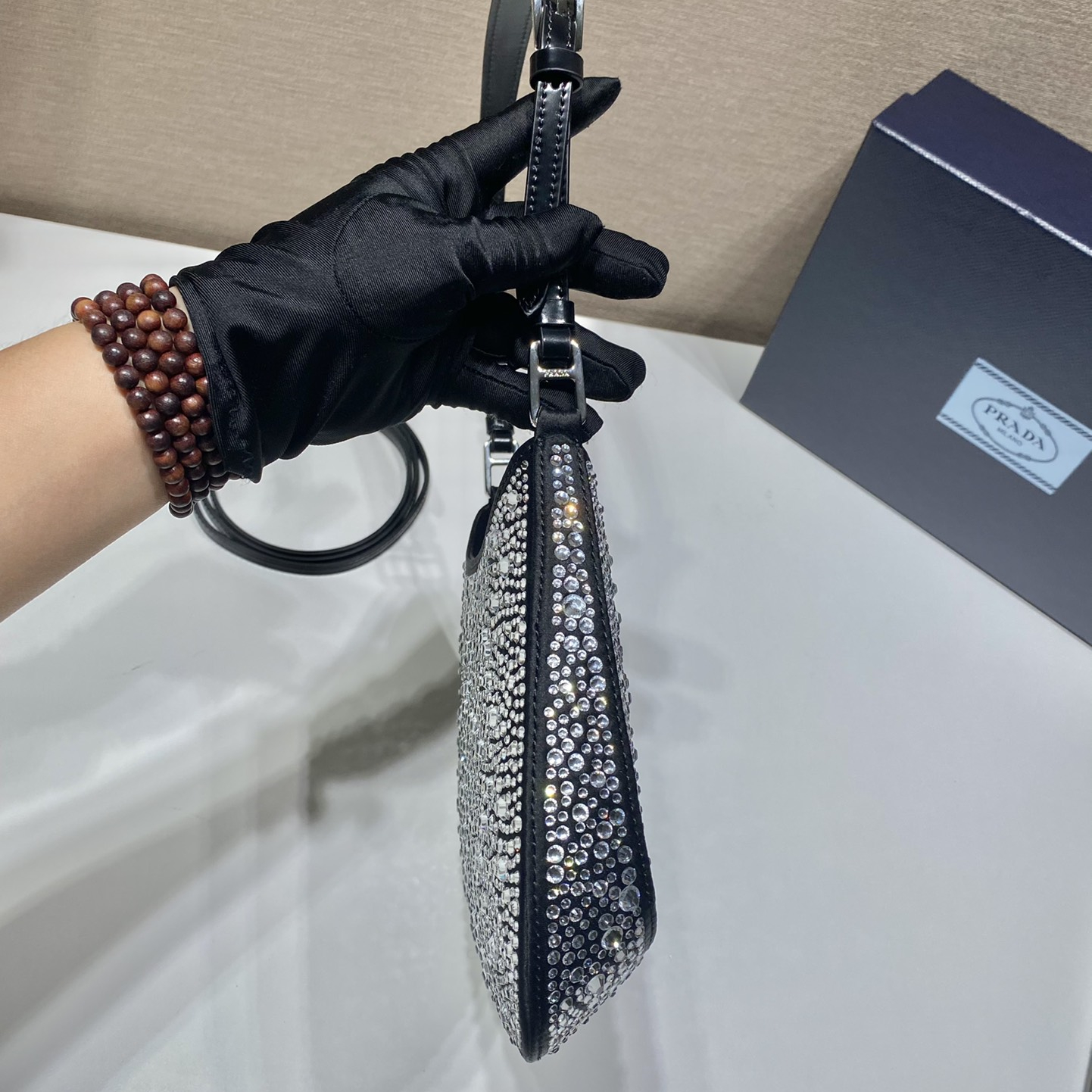 Prada 1BC169 Cleo Satin Bag with Crystals Size 22*18.5*4.5cm