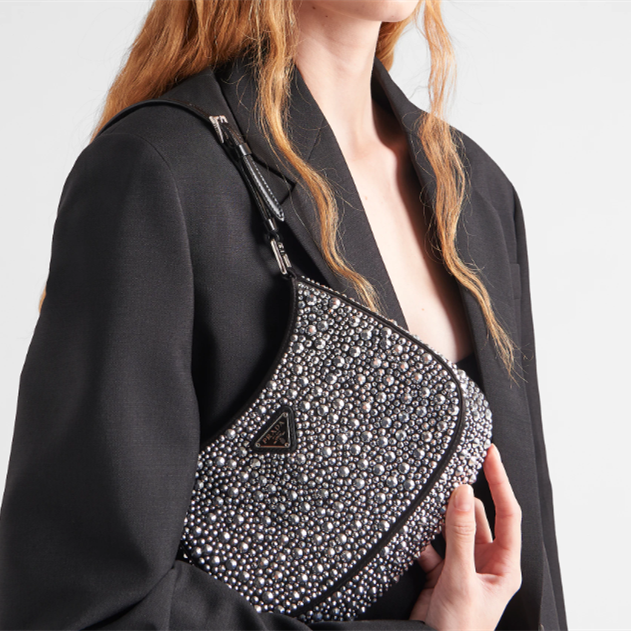 Prada 1BC169 Cleo Satin Bag with Crystals Size 22*18.5*4.5cm