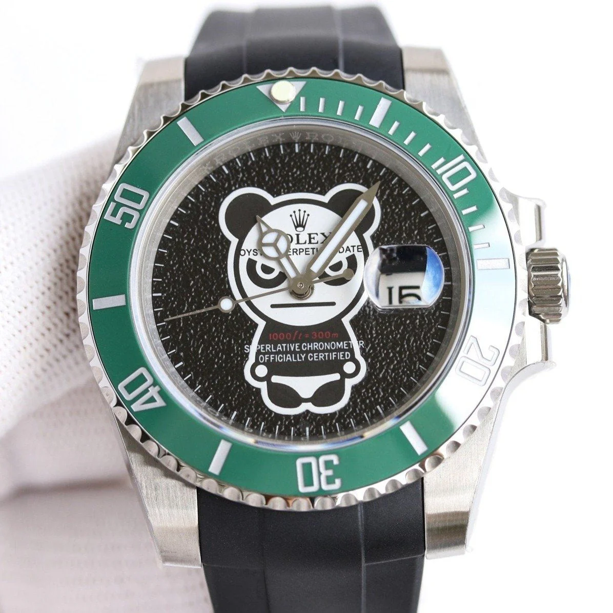 SUBMARINER DATE 40MM CUSTOM STEEL GREEN BEZEL BLACK BEAR DIAL