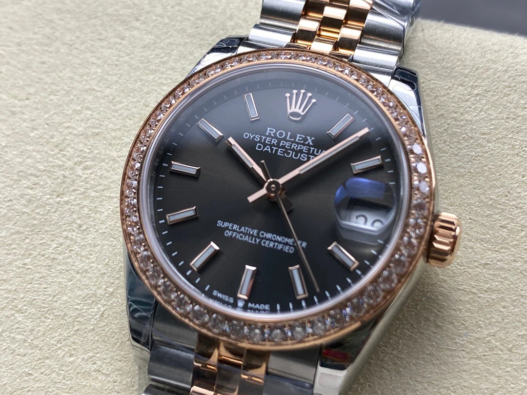 Datejust 31mm Pink Gold Steel Diamond Bezel Dark Grey Dial